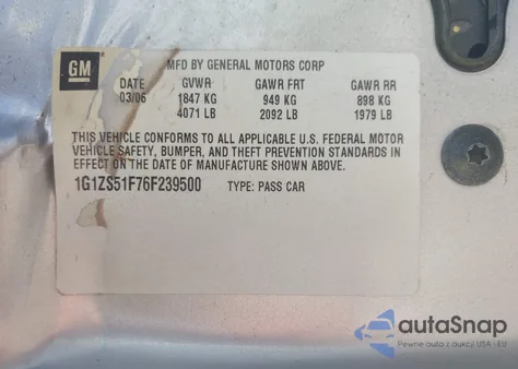 2006 Chevrolet Malibu Ls z USA, uszkodzony, nr VIN 1G1ZS51F76F239500